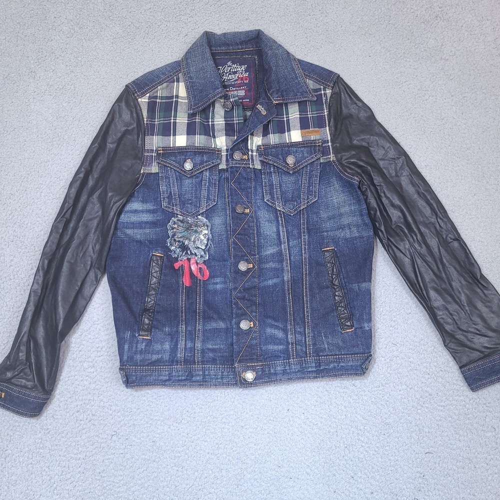 The Heritage America 1776 Denim Distillery Jacket Mens Small Faux Leather Forged